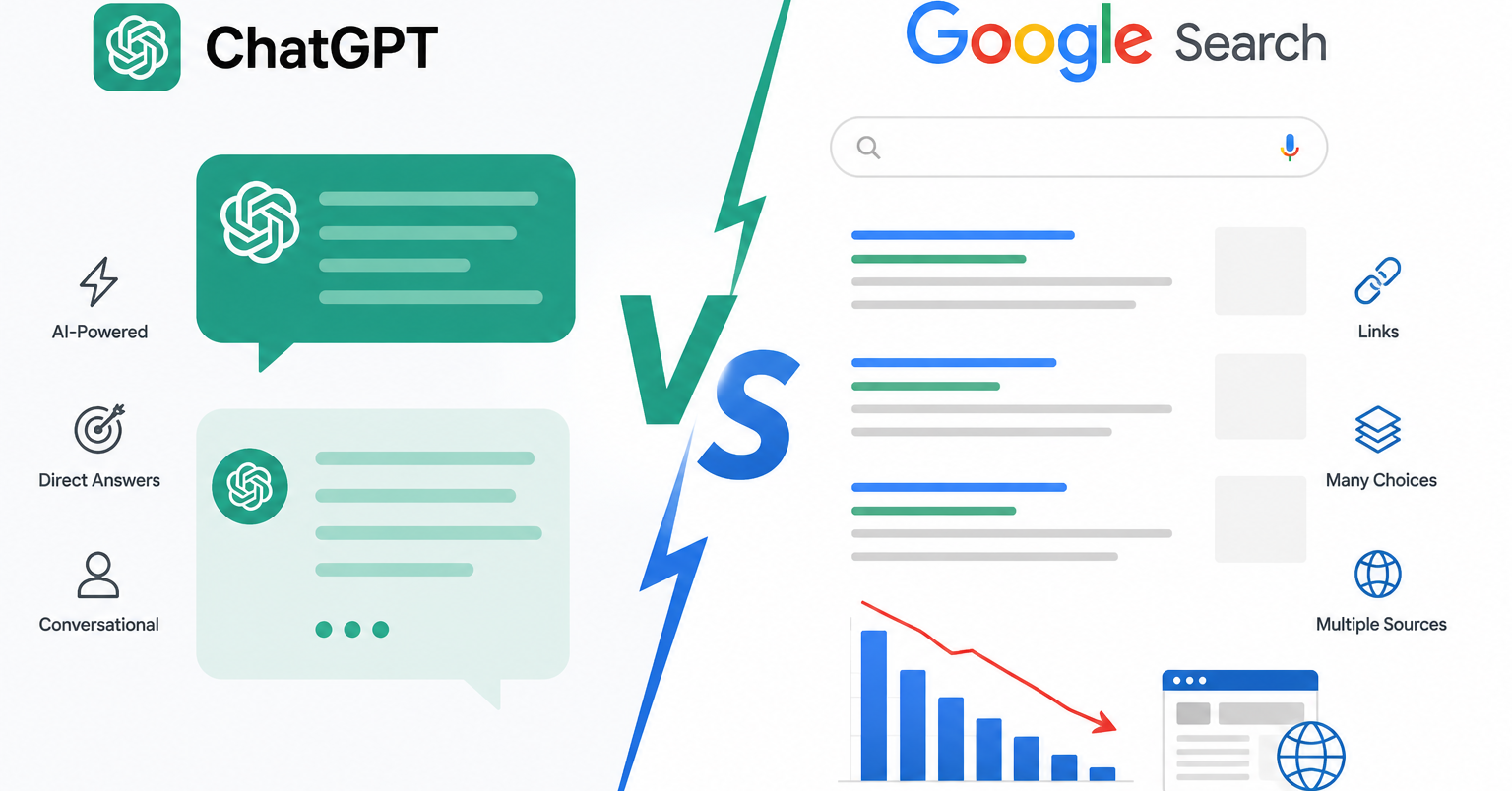 blog1 ChatGPT vs Google Search comparison showing impact of AI on website search traffic and SEO