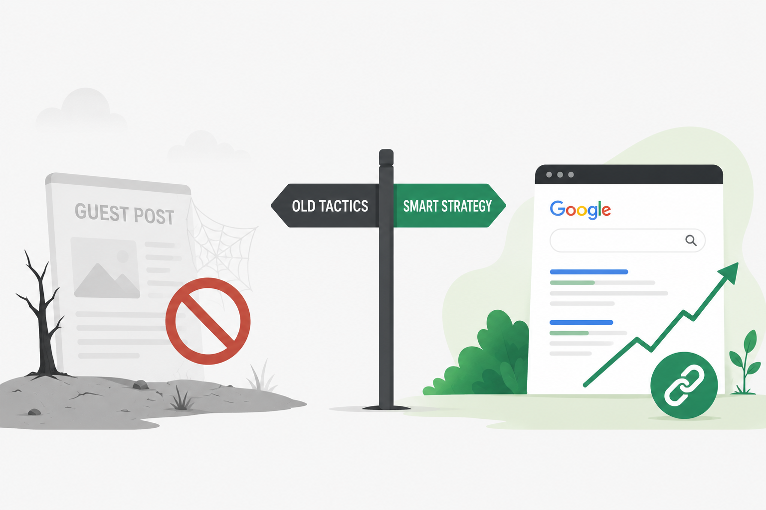 Guest posting SEO illustration showing the difference between outdated link-building tactics and modern authority-building guest posting strategies.